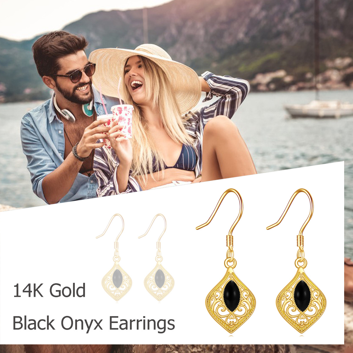Pendientes colgantes de ágata negra en oro de 14 quilates-6