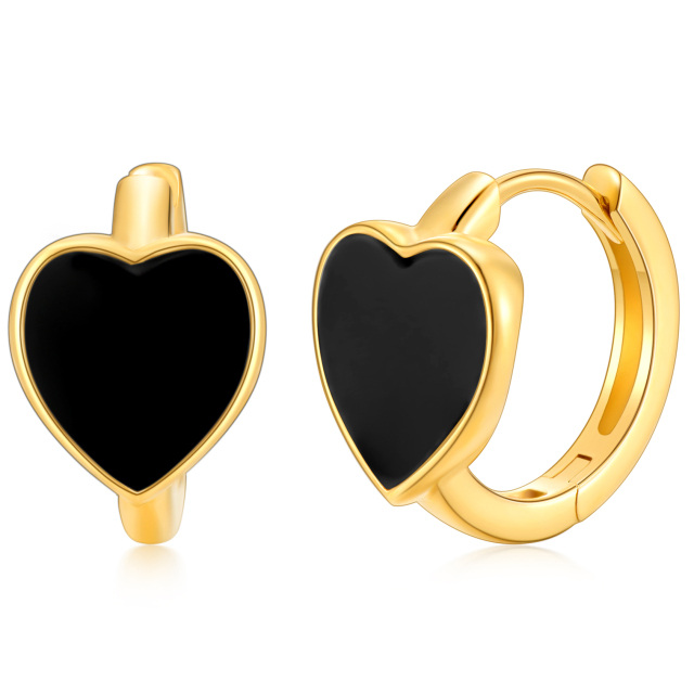 14K Gold Black Agate Heart Hoop Earrings-1