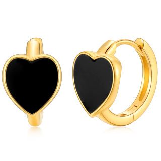 10K Gold Black Agate Heart Hoop Earrings-7