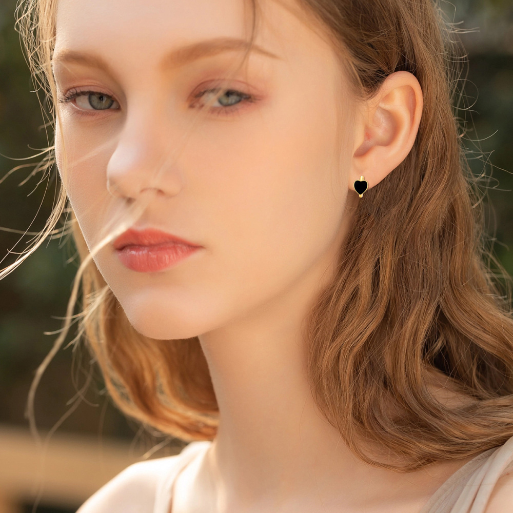 10K Gold Black Agate Heart Hoop Earrings-3