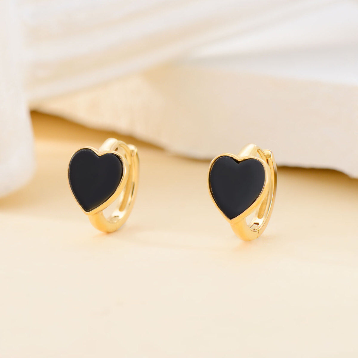 14K Gold Black Agate Heart Hoop Earrings-4