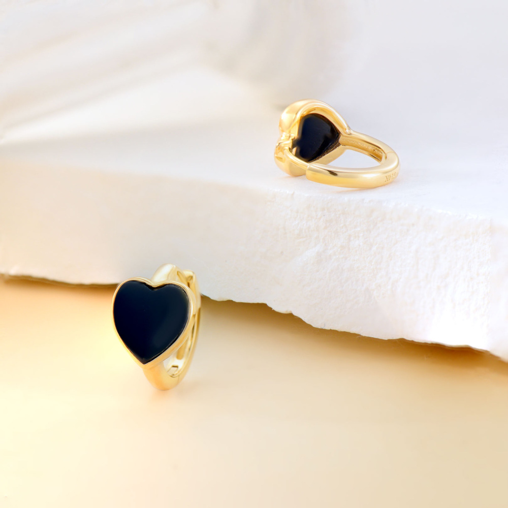 10K Gold Black Agate Heart Hoop Earrings-5