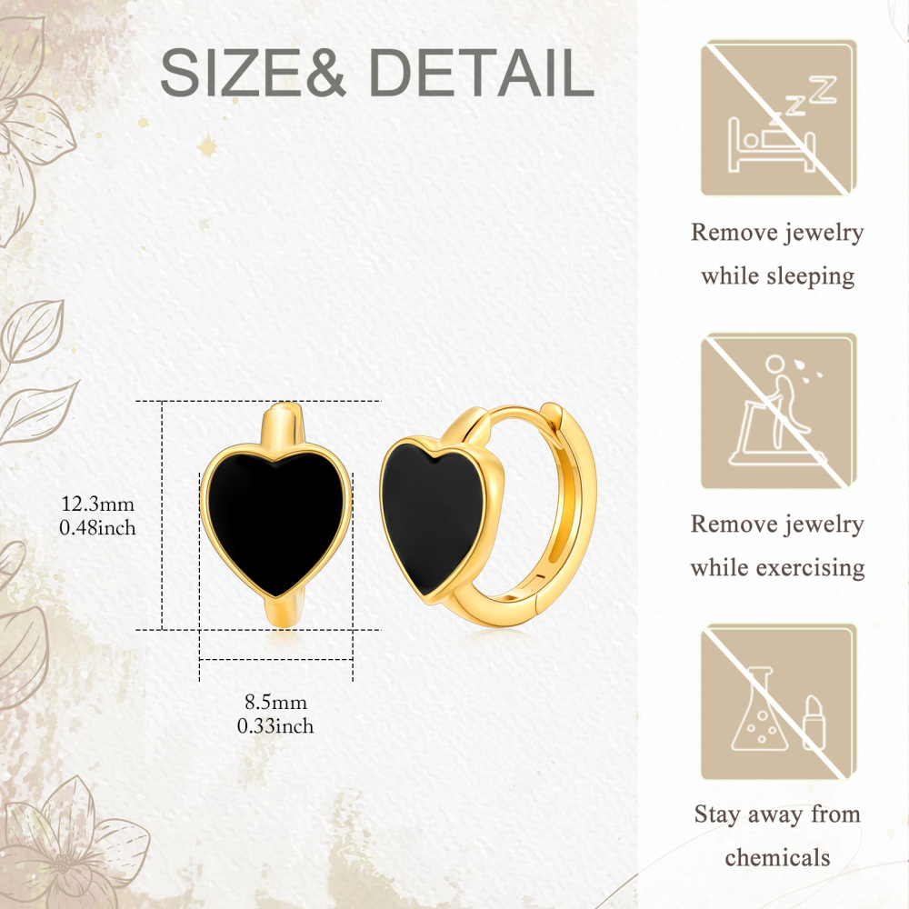 10K Gold Black Agate Heart Hoop Earrings-6