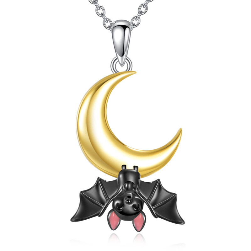 Collar con colgante de dos tonos: murciélago y luna en plata esterlina-3
