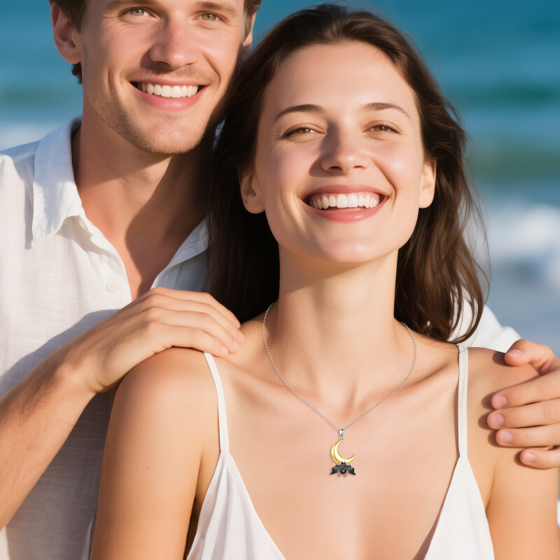 Sterling Silver Two-tone Bat & Moon Pendant Necklace-3