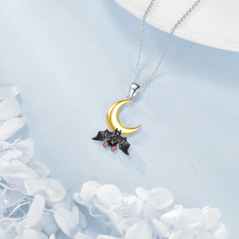 Sterling Silver Two-tone Bat & Moon Pendant Necklace-4