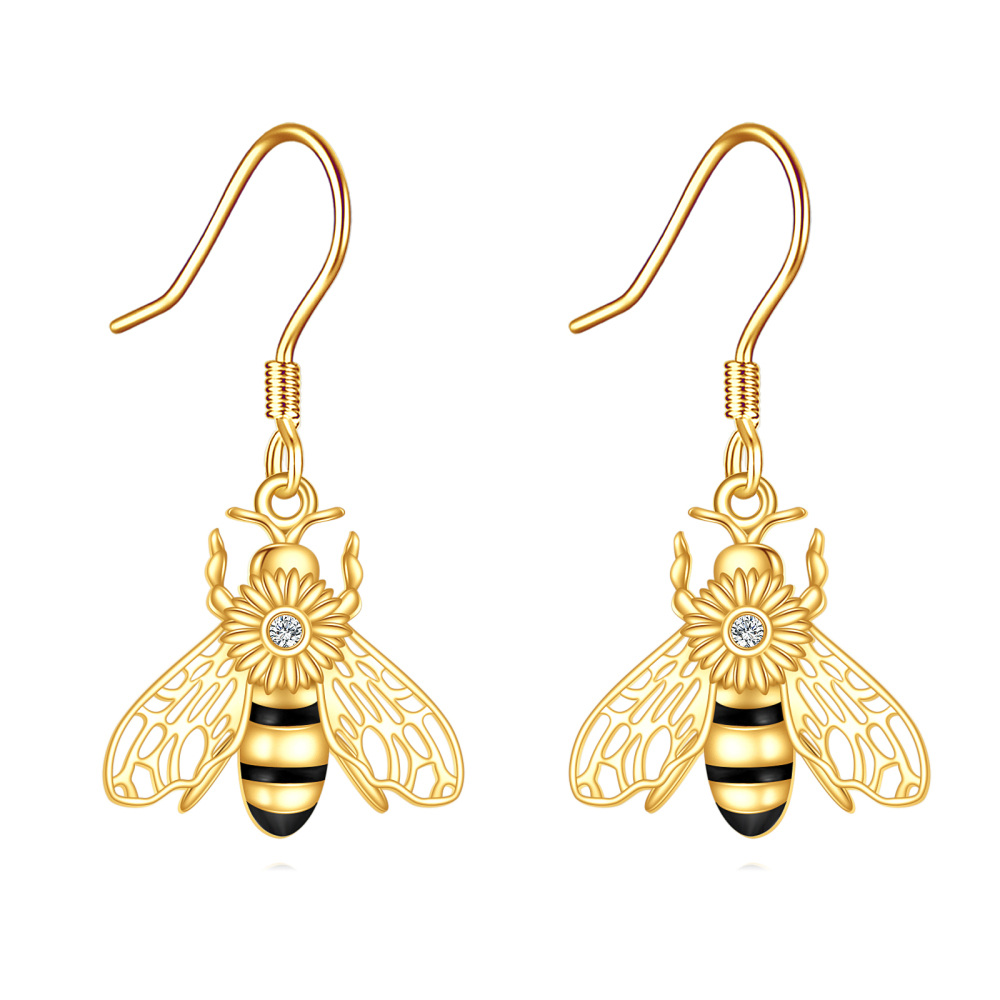 10K Gold & Black Cubic Zirconia Bee Drop Earrings for Women-1