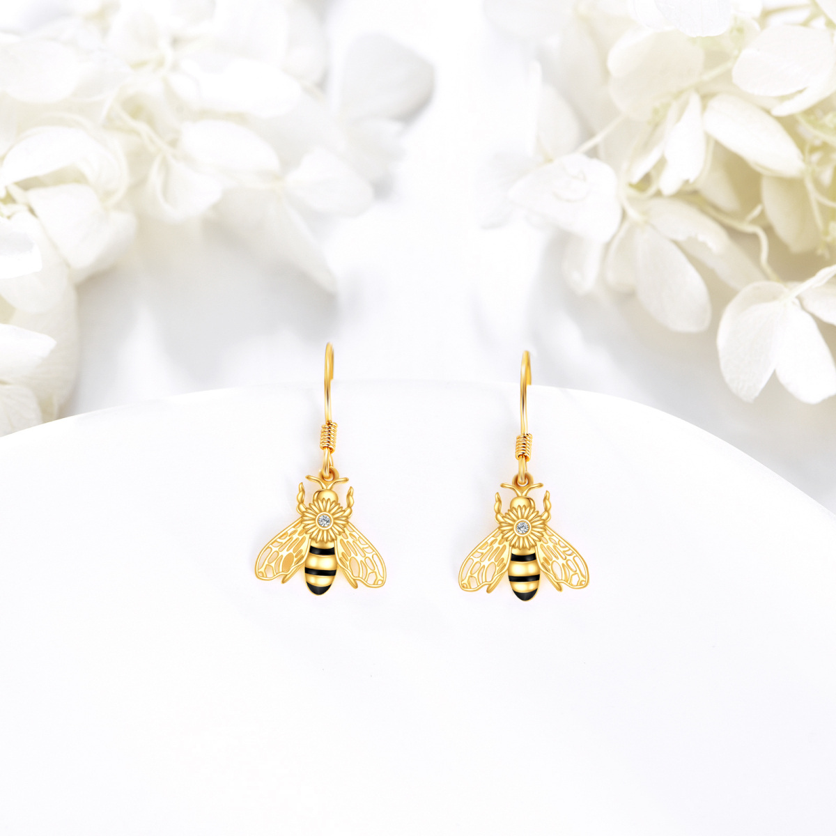 10K Gold & Black Cubic Zirconia Bee Drop Earrings for Women-3