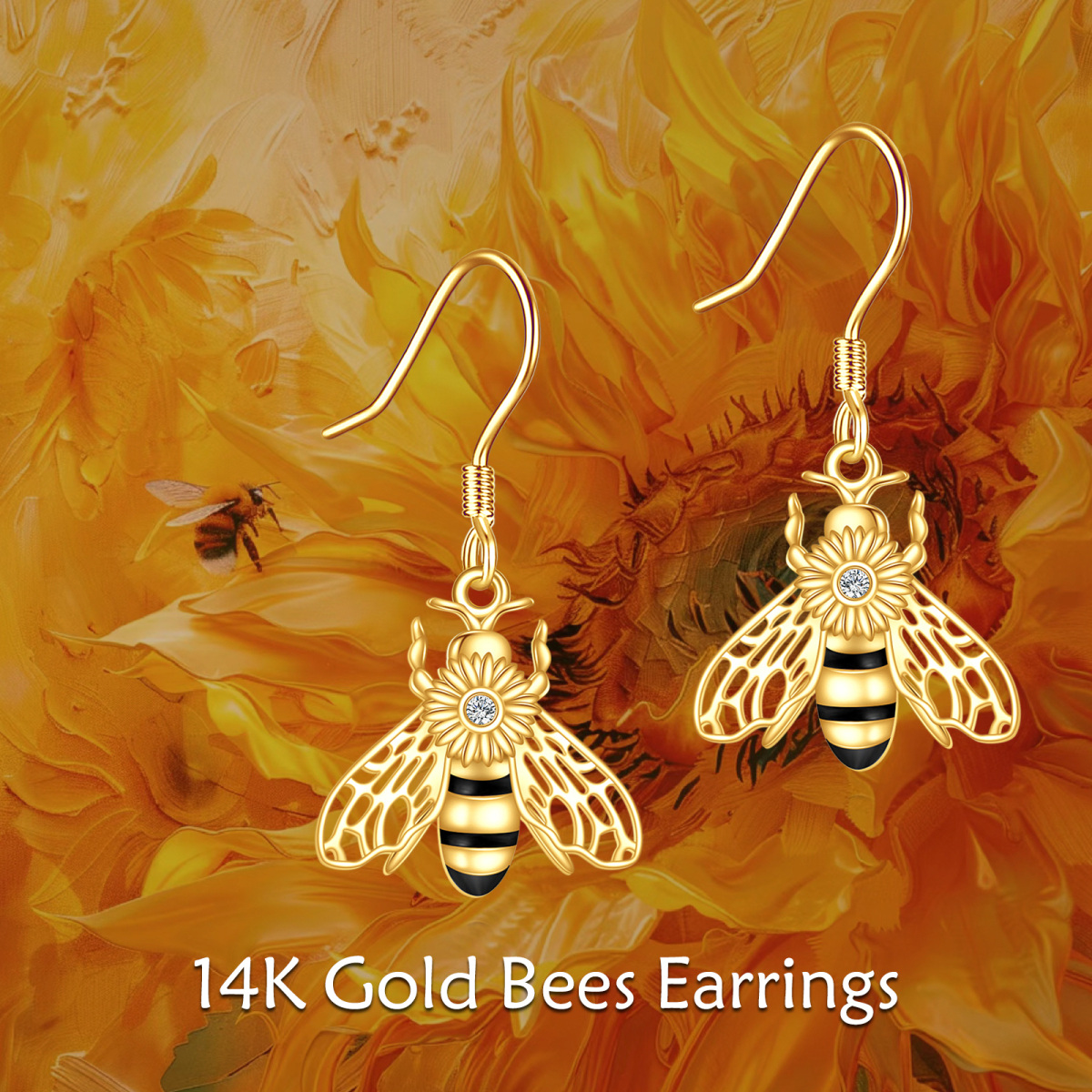 10K Gold & Black Cubic Zirconia Bee Drop Earrings for Women-6