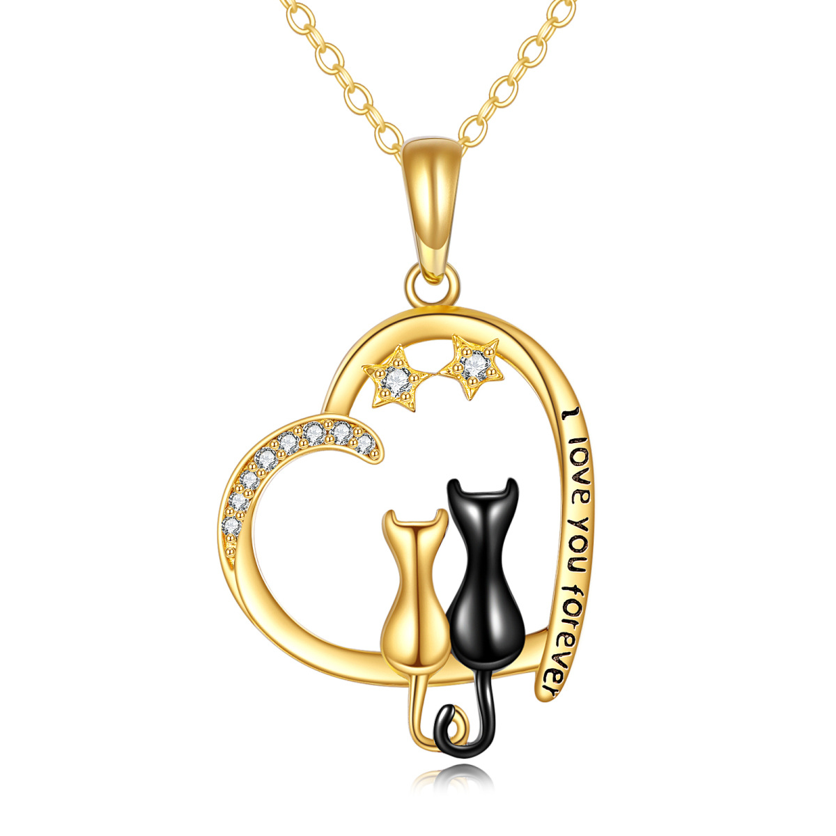 Collar con colgante de gato, corazón y estrella con circonita cúbica negra en oro de 14 quilates y palabra grabada.-1