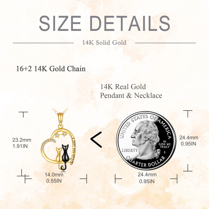 10K Gold & Black Cubic Zirconia Cat & Heart & Star Pendant Necklace with Engraved Word-5