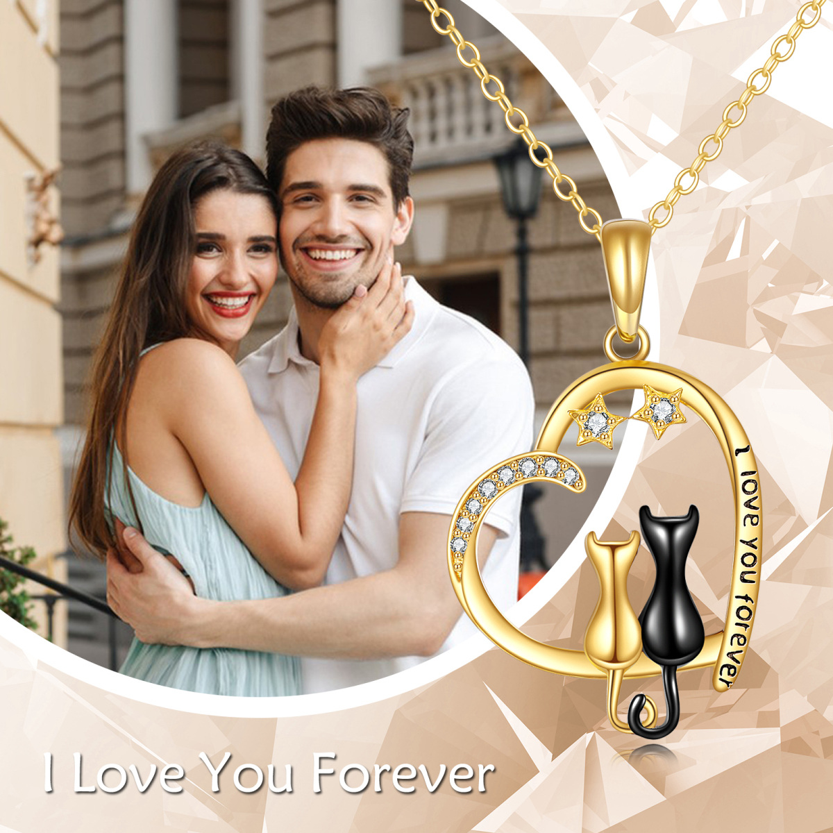 Collar con colgante de gato, corazón y estrella con circonita cúbica negra en oro de 14 quilates y palabra grabada.-6