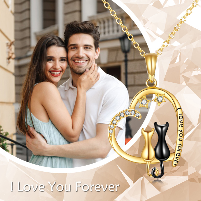 10K Gold & Black Cubic Zirconia Cat & Heart & Star Pendant Necklace with Engraved Word-6