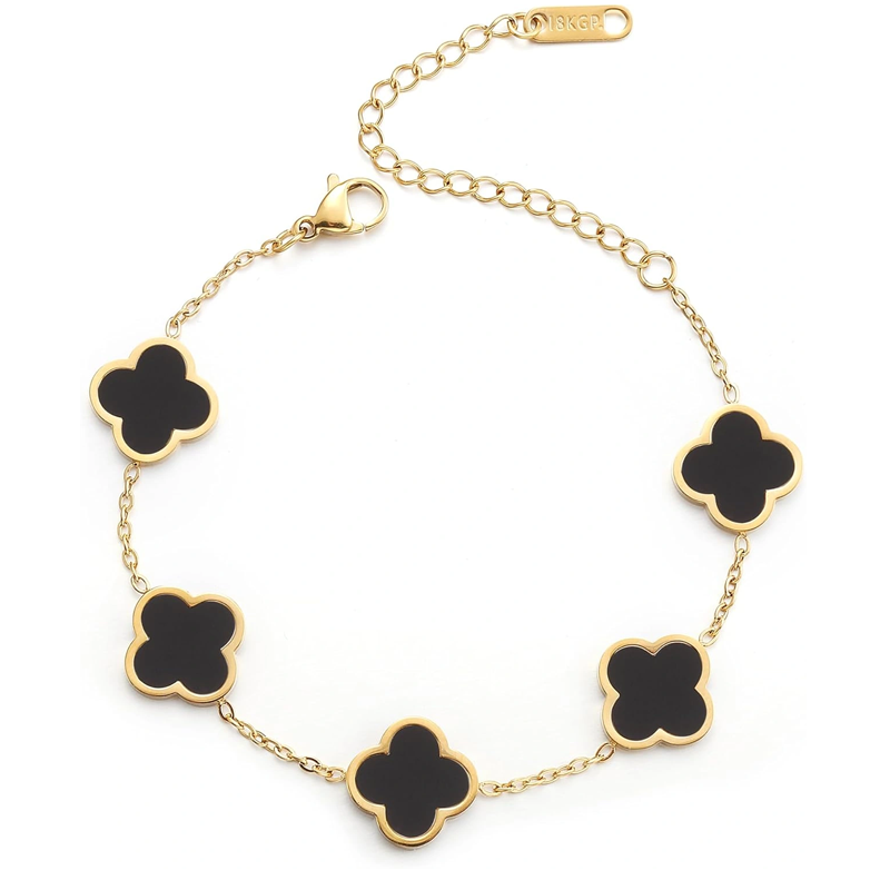 14K Gold Black Four Leaf Clover Bracelet for Women-1