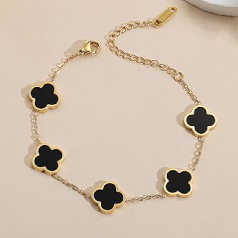 14K Gold Black Four Leaf Clover Bracelet for Women-3