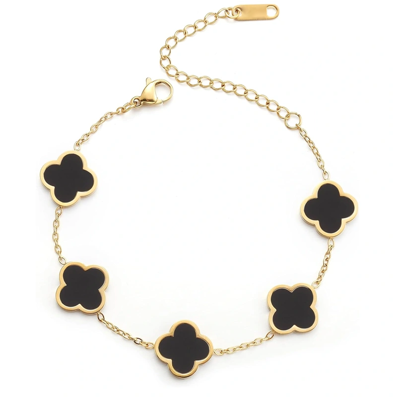 14K Gold Schwarzes Kleeblatt-Armband für Damen-1