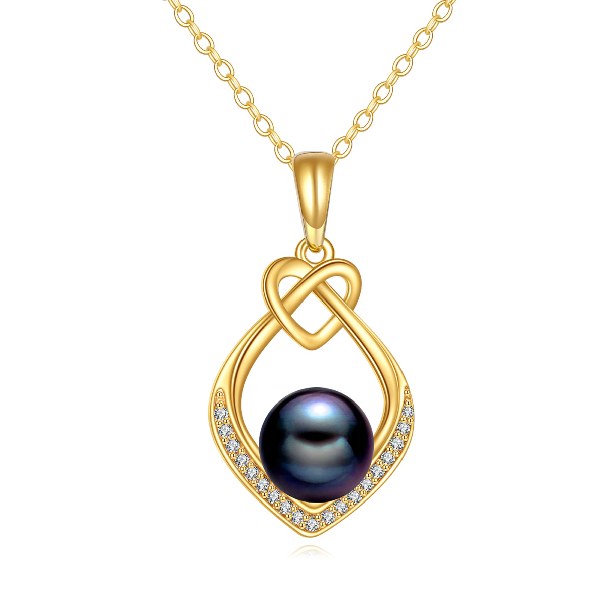 18K Gold Cubic Zirconia &Black Freshwater Pearls Heart Pendant Necklace-1