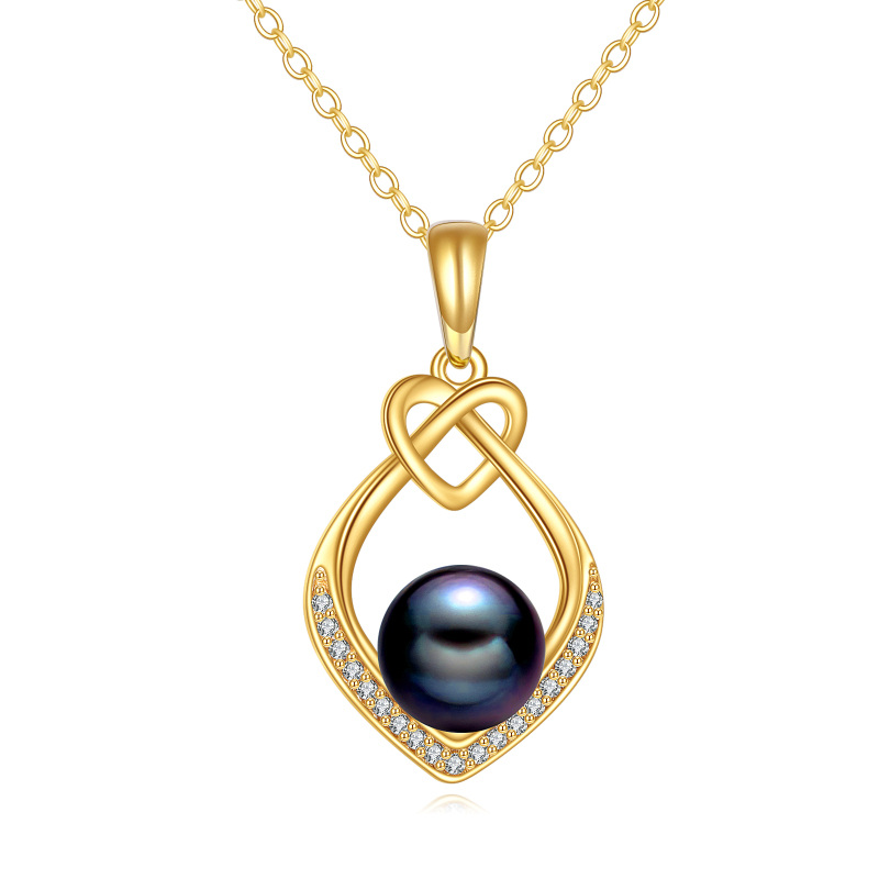 10K Gold Cubic Zirconia &Black Freshwater Pearls Heart Pendant Necklace-11