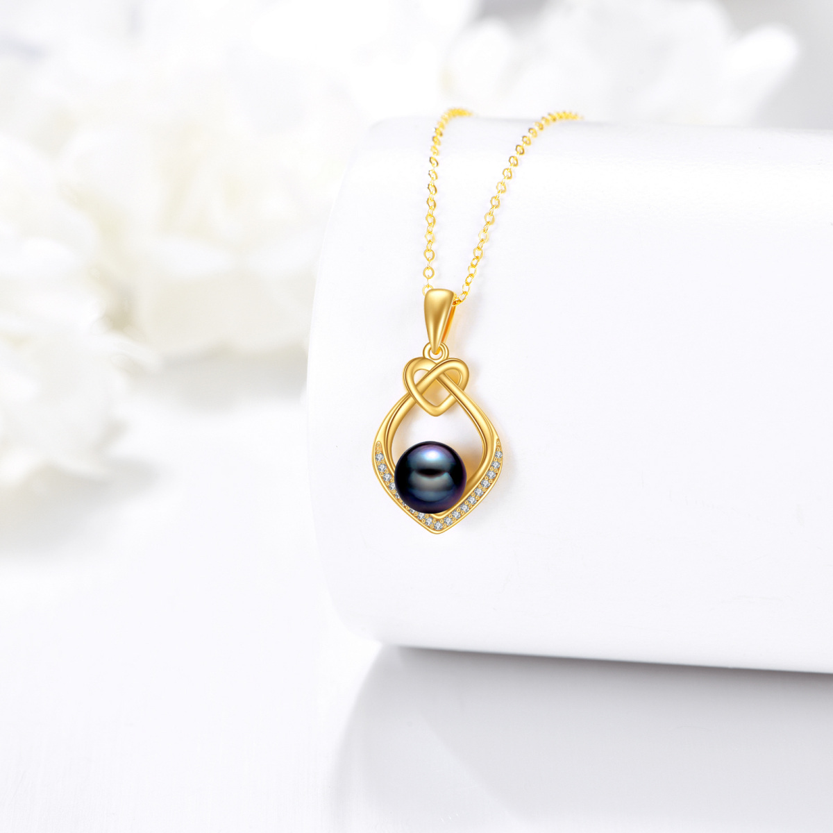 10K Gold Cubic Zirconia &Black Freshwater Pearls Heart Pendant Necklace-3