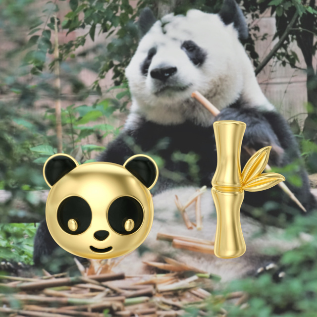 Pendientes de bambú con forma de panda en oro de 14 quilates para niña-6