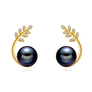 10K Gold Black Pearl Leaves Stud Earrings-17