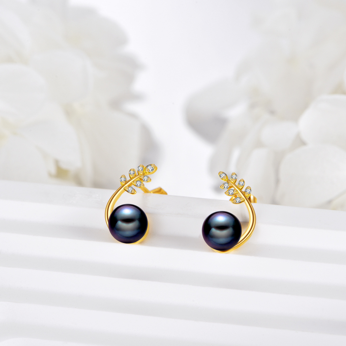 14K Gold Black Pearl Leaves Stud Earrings-3