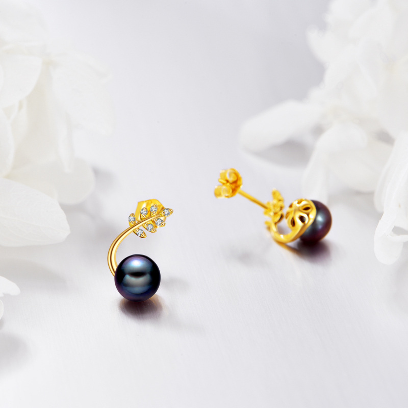 10K Gold Black Pearl Leaves Stud Earrings-4