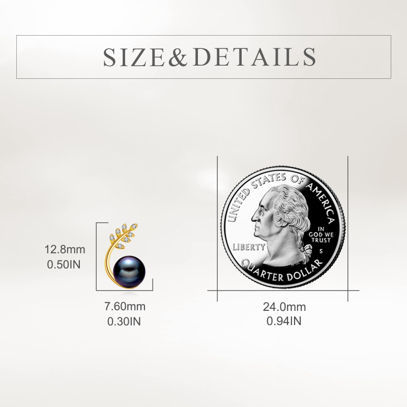 10K Gold Black Pearl Leaves Stud Earrings-5