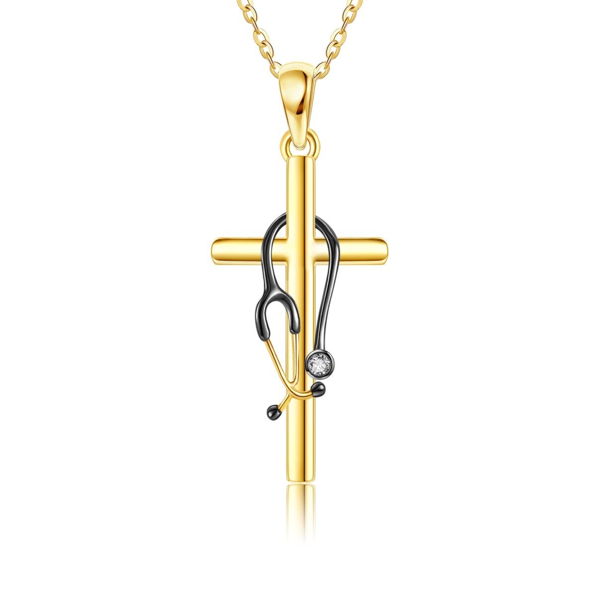 14K Gold & Black Cubic Zirconia Stethoscope Pendant Necklace-1
