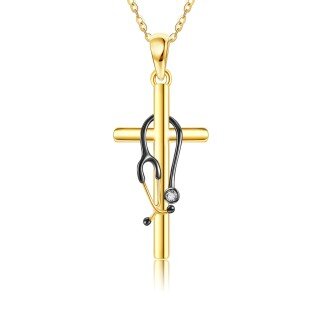 14K Gold & Black Cubic Zirconia Stethoscope Pendant Necklace-6