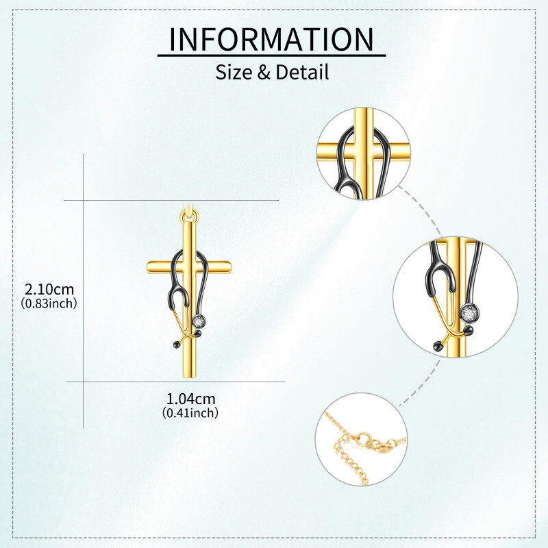 Colar com pendente estetoscópio e zircónia cúbica preta em ouro 10K-5