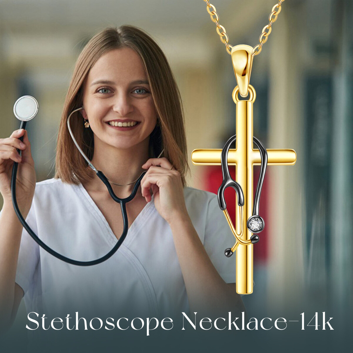 14K Gold & Black Cubic Zirconia Stethoscope Pendant Necklace-6