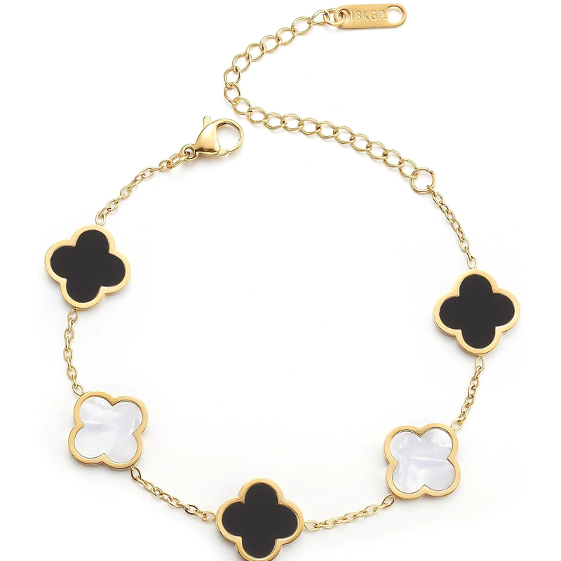 14K Gold Black and White Four Leaf Clover Bracelet for Women-1