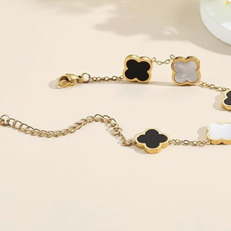 14K Gold Black and White Four Leaf Clover Bracelet for Women-3