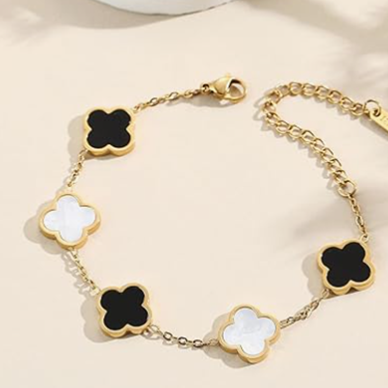 14K Gold Black and White Four Leaf Clover Bracelet for Women-4