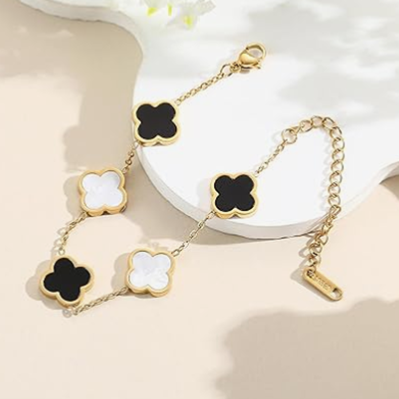 14K Gold Black and White Four Leaf Clover Bracelet for Women-5