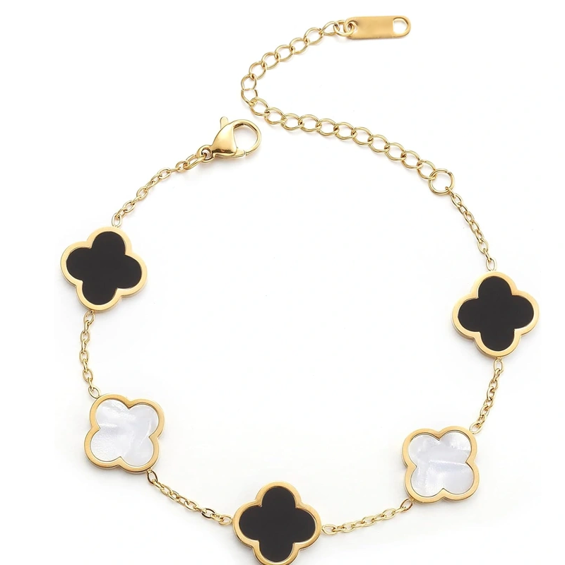 14K Gold Black and White Four Leaf Clover Bracelet for Women-1