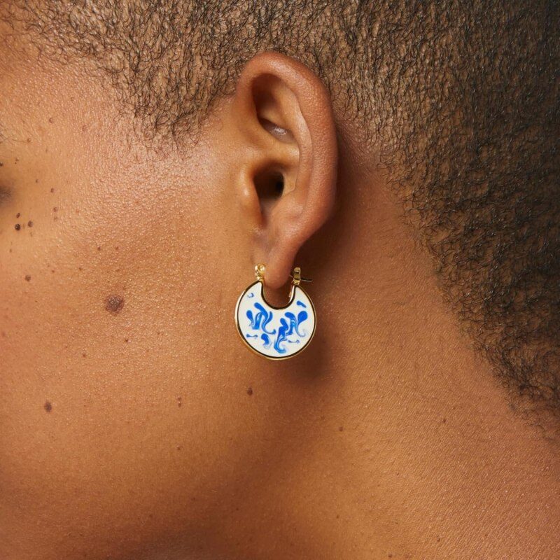 Pendientes de plata de ley con baño de oro amarillo y esmalte azul para mujer-2