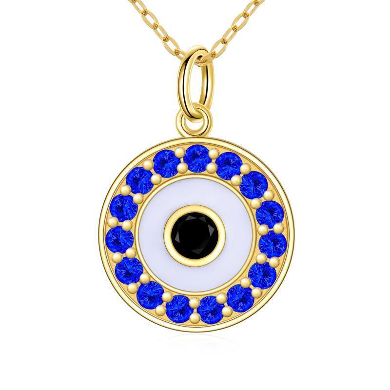 10K Gold Cubic Blue Zirconia Evil Eye Pendant Necklace-1