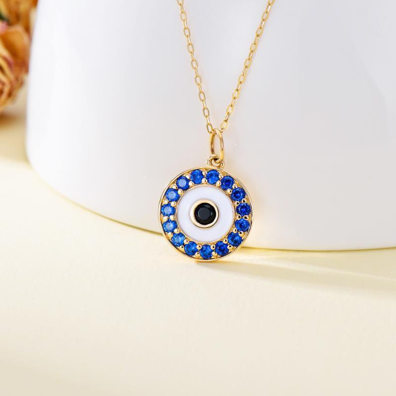 10K Gold Cubic Blue Zirconia Evil Eye Pendant Necklace-3