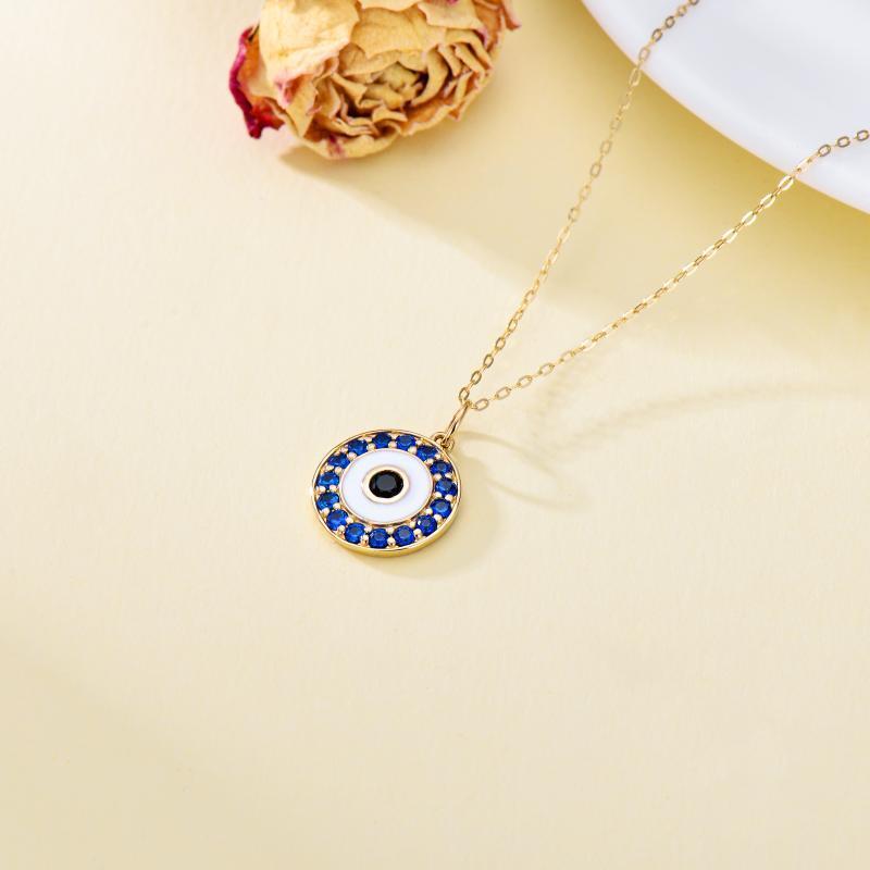 10K Gold Cubic Blue Zirconia Evil Eye Pendant Necklace-4