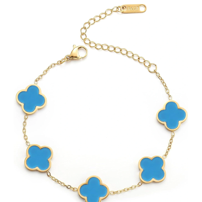 14K Gold Blue Four Leaf Clover Bracelet for Women-1