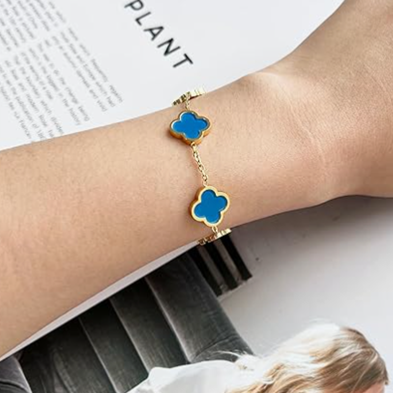 14K Gold Blue Four Leaf Clover Bracelet for Women-2