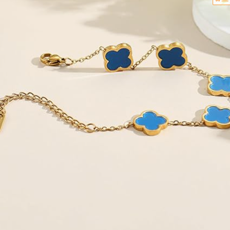 14K Gold Blue Four Leaf Clover Bracelet for Women-3