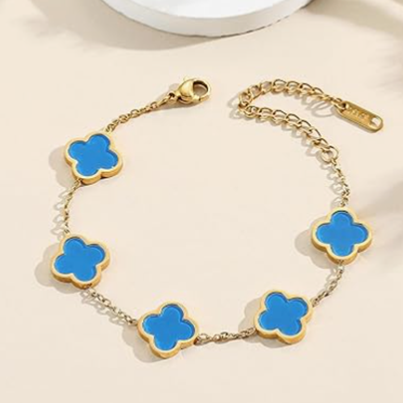 14K Gold Blue Four Leaf Clover Bracelet for Women-4