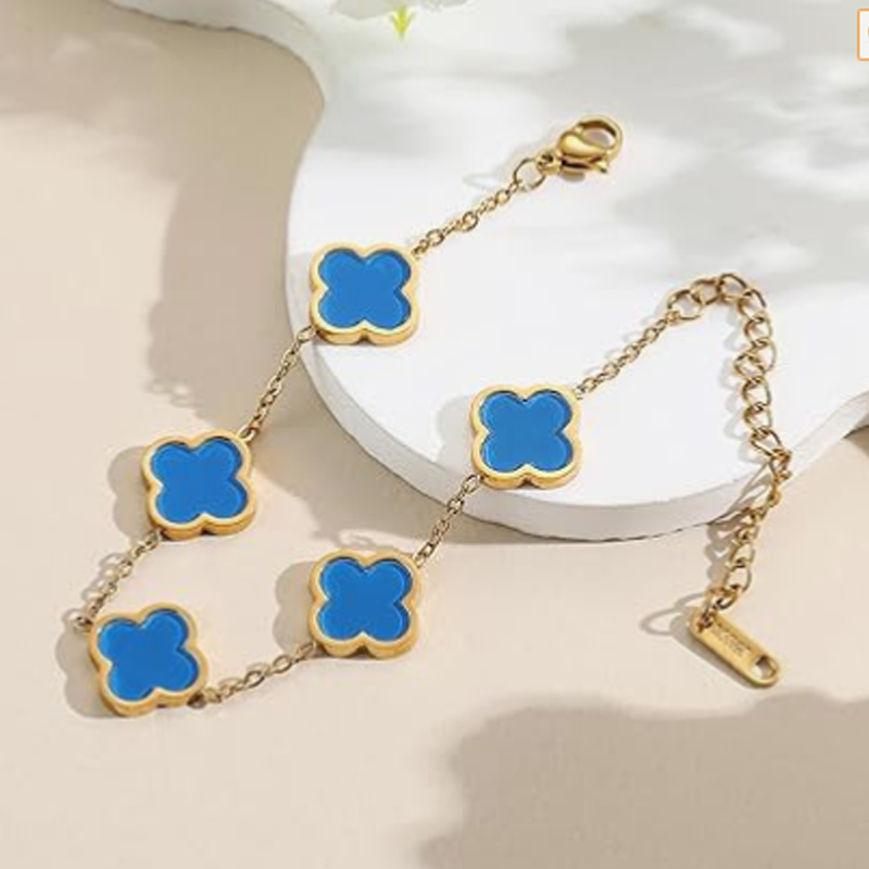 14K Gold Blue Four Leaf Clover Bracelet for Women-5