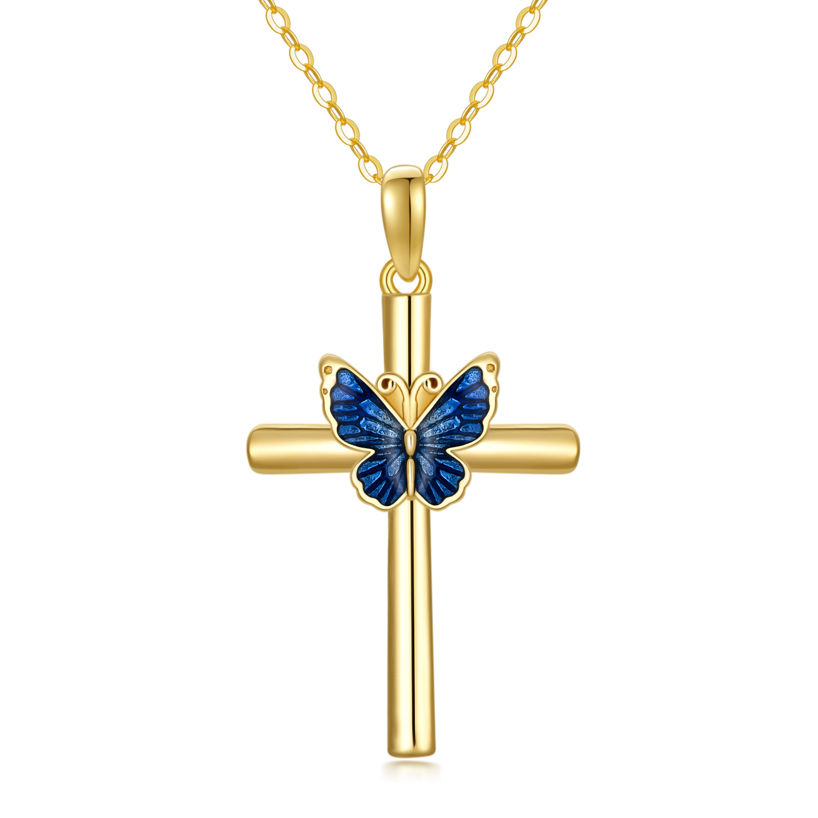 Image of 14K Gold Blue Glaze Butterfly Cross Pendant Necklace