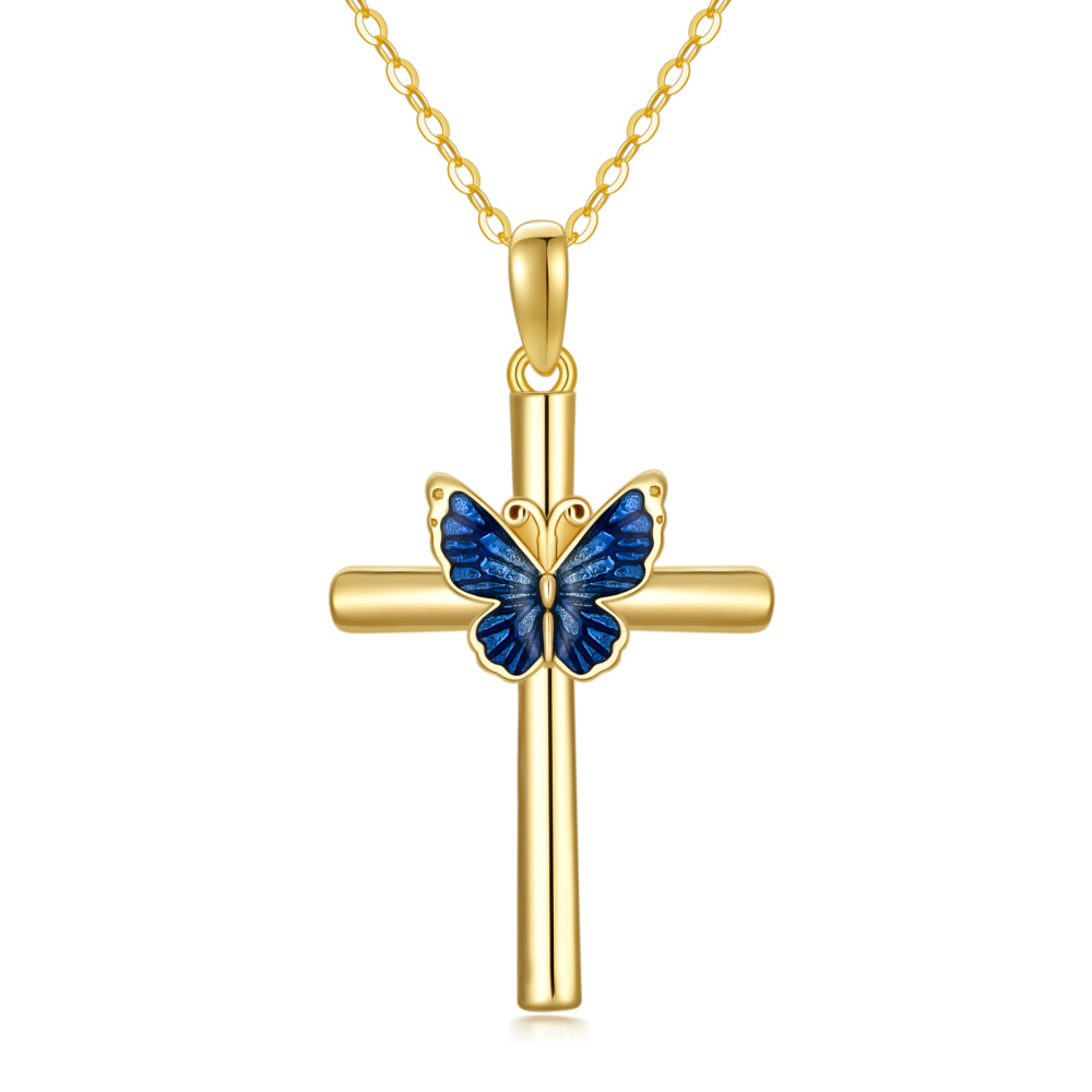 10K Gold Blue Glaze Butterfly Cross Pendant Necklace-1
