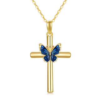 10K Gold Blue Glaze Butterfly Cross Pendant Necklace-32