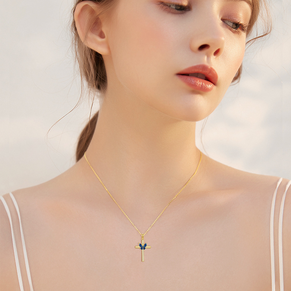 10K Gold Blue Glaze Butterfly Cross Pendant Necklace-2
